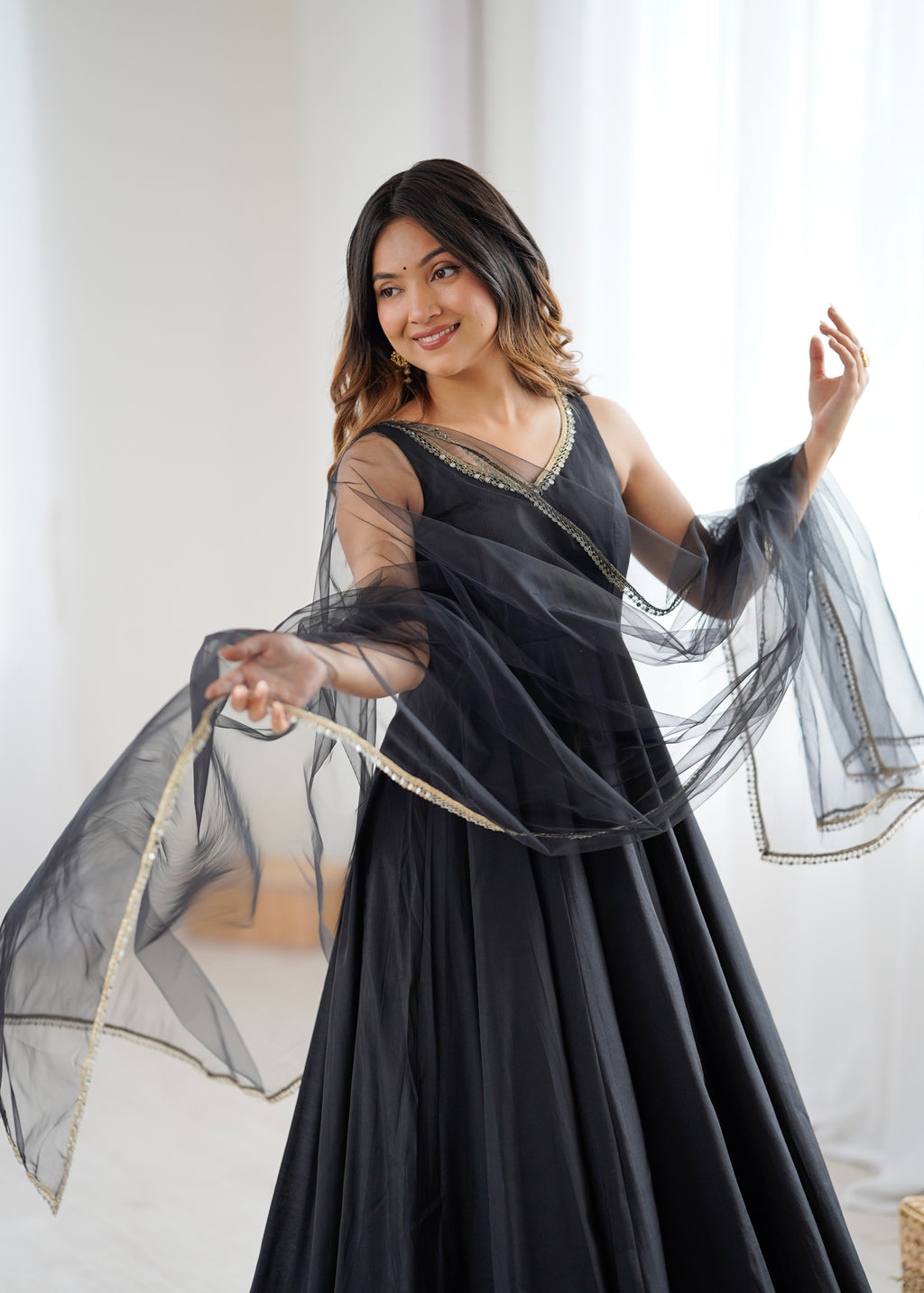 Royal Black Roman Silk Chanderi Anarkali Suit Set | Ready to Wear 3-Piece