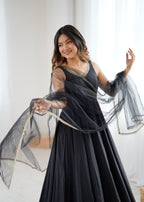 Royal Black Roman Silk Chanderi Anarkali Suit Set | Ready to Wear 3-Piece
