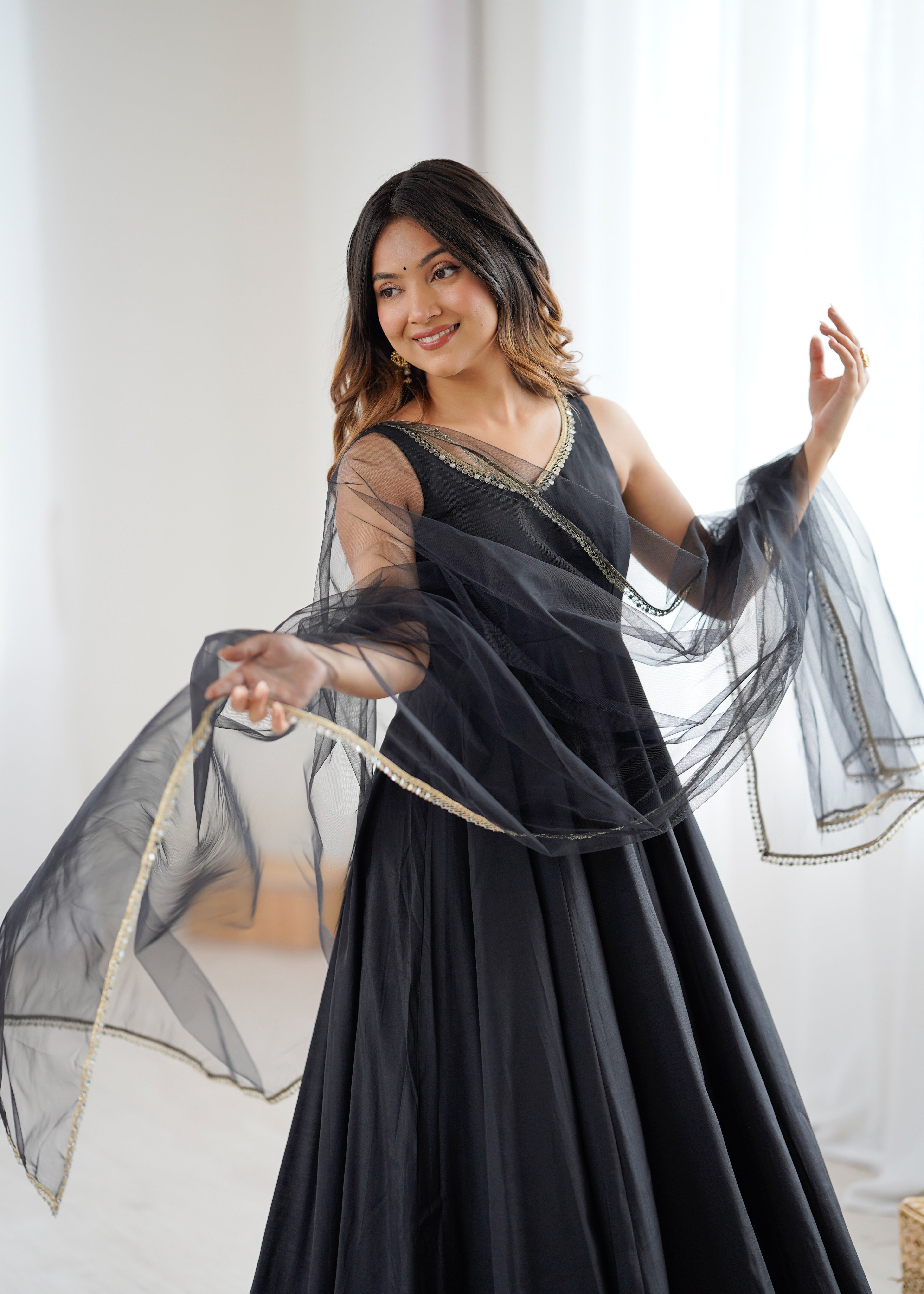Royal Black Roman Silk Chanderi Anarkali Suit Set | Ready to Wear 3-Piece