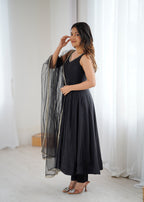 Royal Black Roman Silk Chanderi Anarkali Suit Set | Ready to Wear 3-Piece
