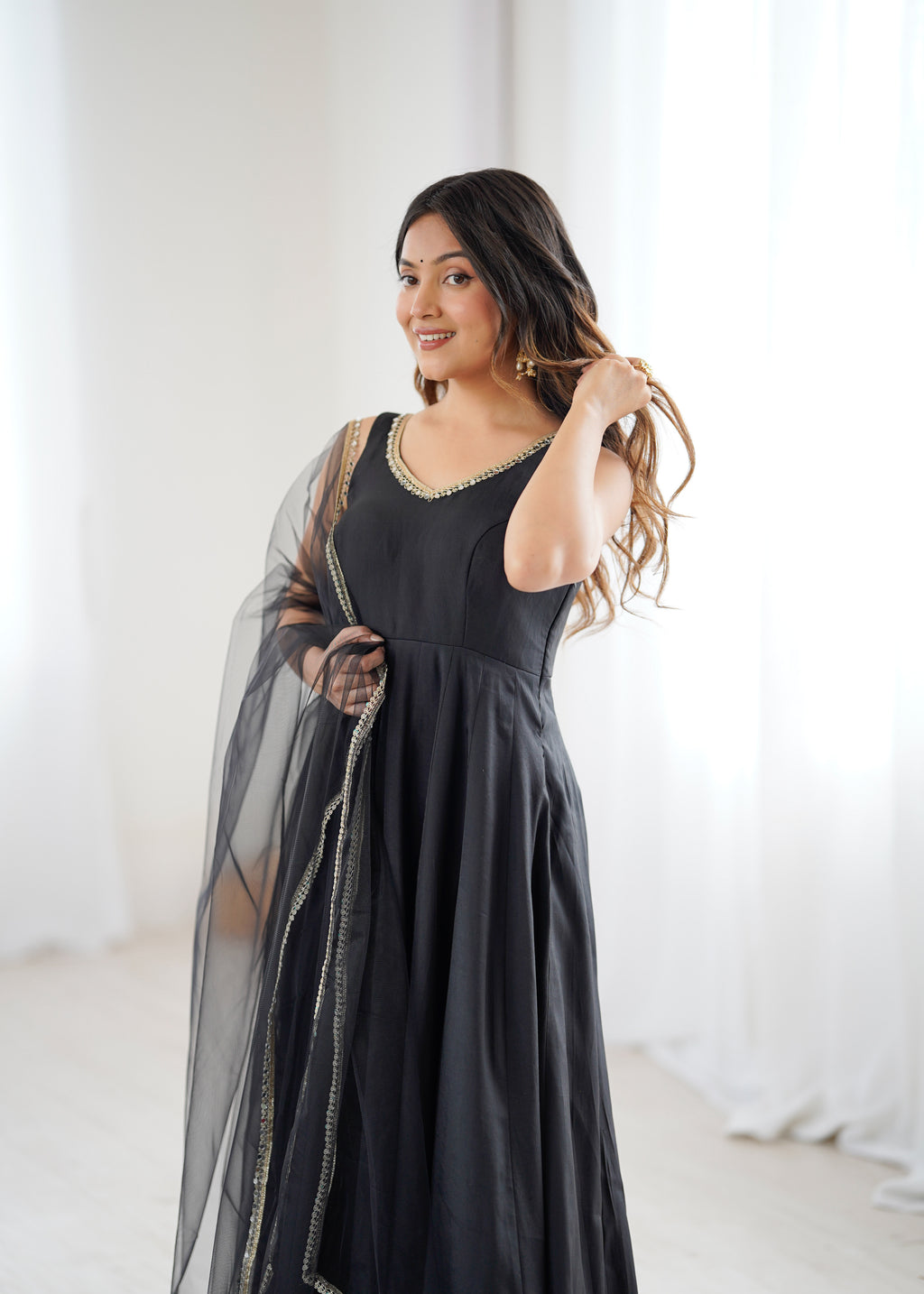 Royal Black Roman Silk Chanderi Anarkali Suit Set | Ready to Wear 3-Piece