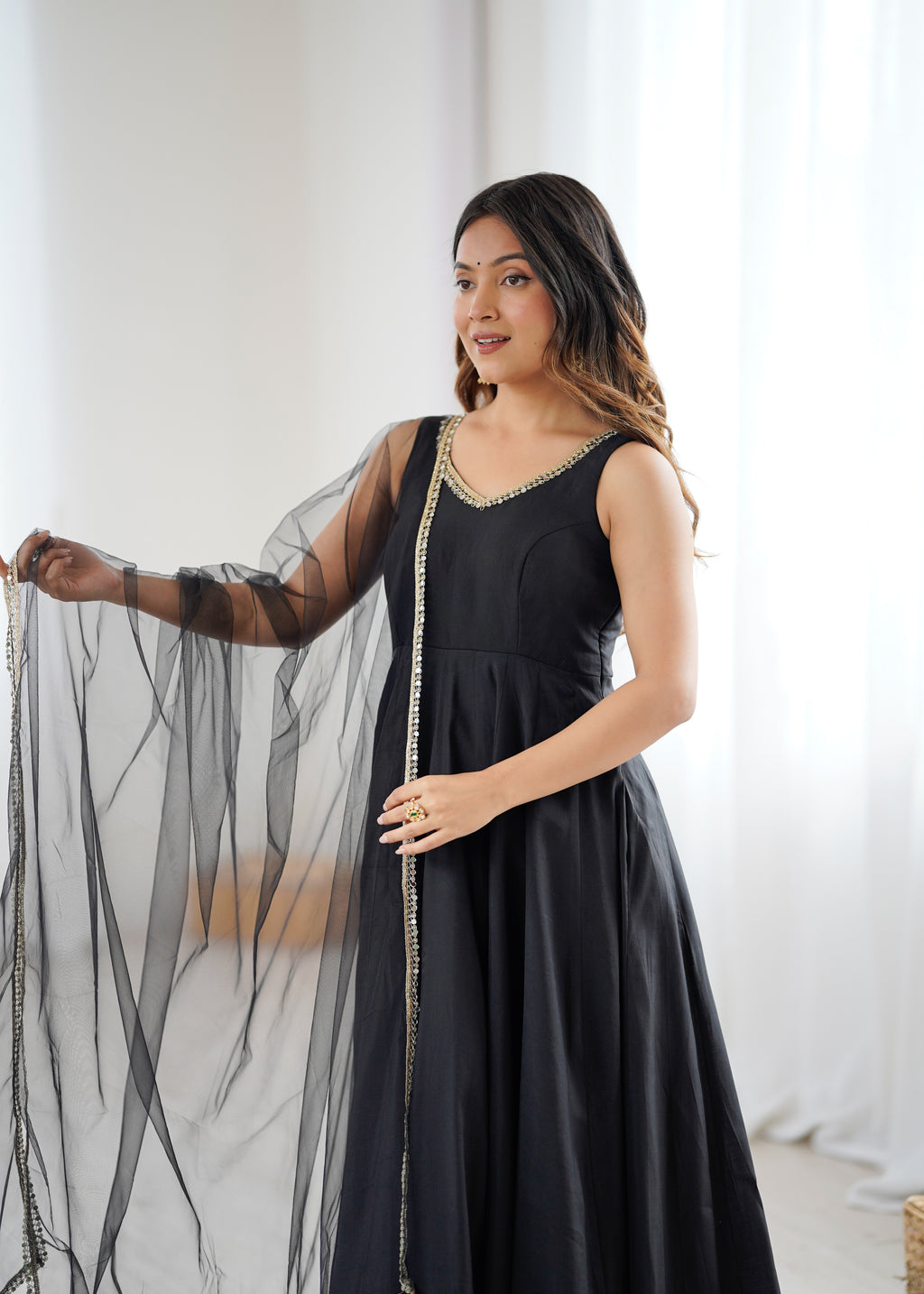 Royal Black Roman Silk Chanderi Anarkali Suit Set | Ready to Wear 3-Piece