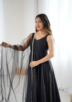 Royal Black Roman Silk Chanderi Anarkali Suit Set | Ready to Wear 3-Piece