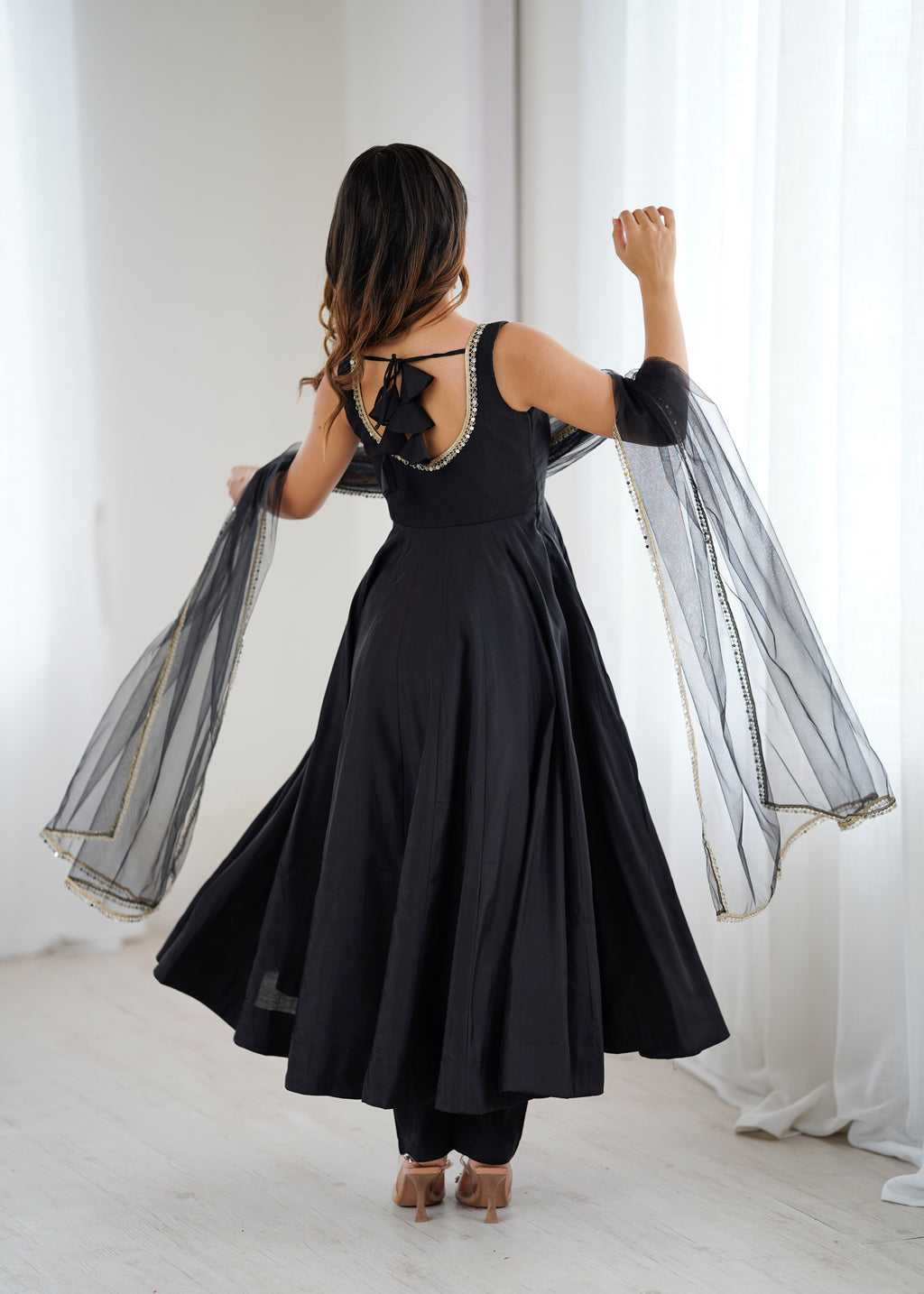 Royal Black Roman Silk Chanderi Anarkali Suit Set | Ready to Wear 3-Piece