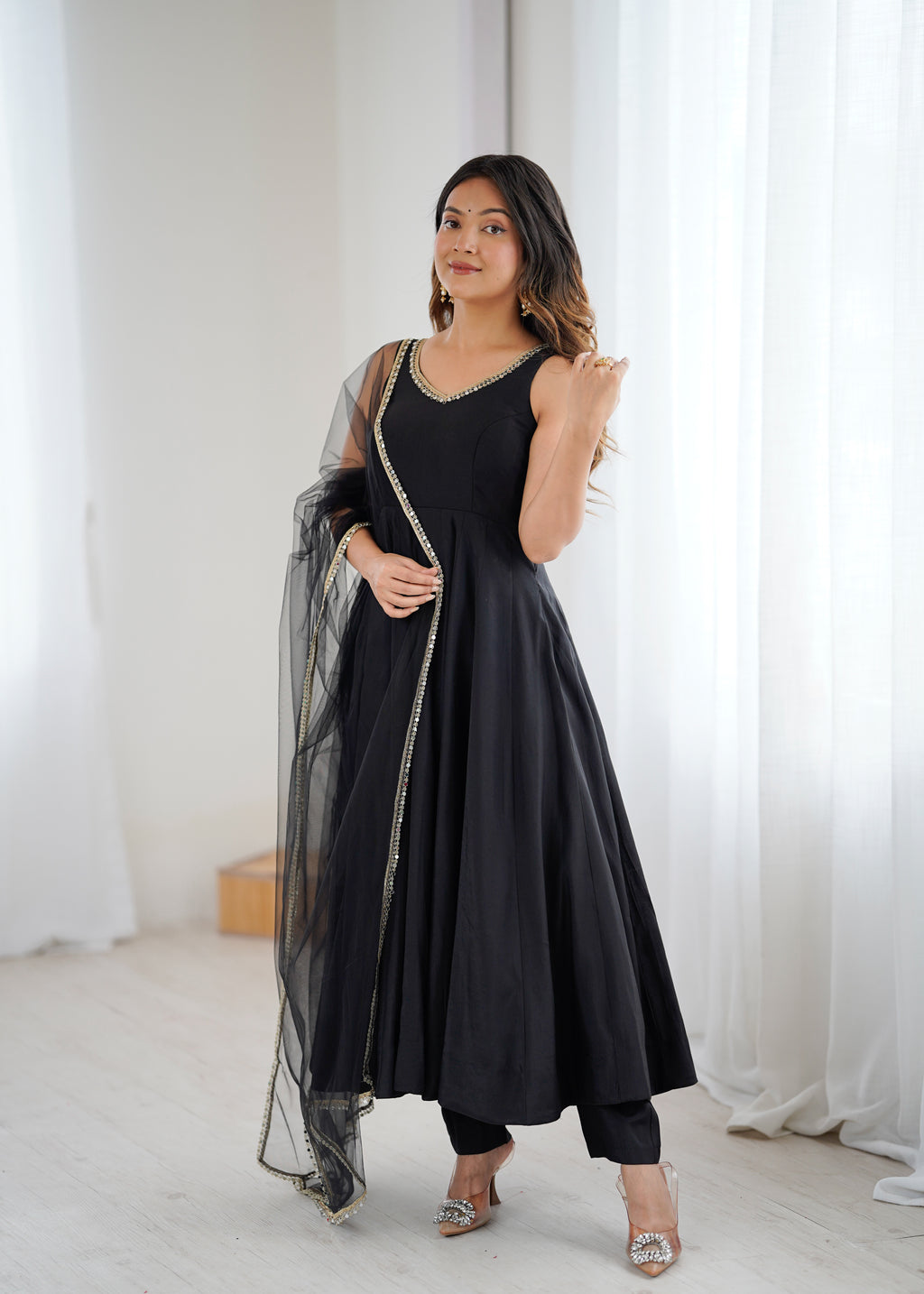 Royal Black Roman Silk Chanderi Anarkali Suit Set | Ready to Wear 3-Piece