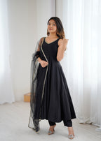 Royal Black Roman Silk Chanderi Anarkali Suit Set | Ready to Wear 3-Piece
