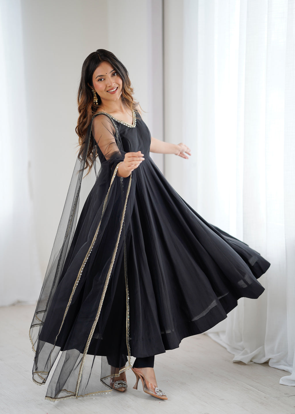 Royal Black Roman Silk Chanderi Anarkali Suit Set | Ready to Wear 3-Piece