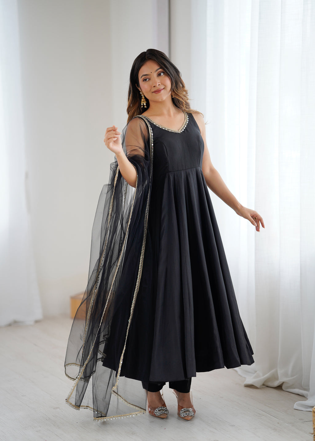 Royal Black Roman Silk Chanderi Anarkali Suit Set | Ready to Wear 3-Piece