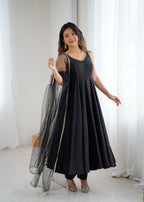 Royal Black Roman Silk Chanderi Anarkali Suit Set | Ready to Wear 3-Piece