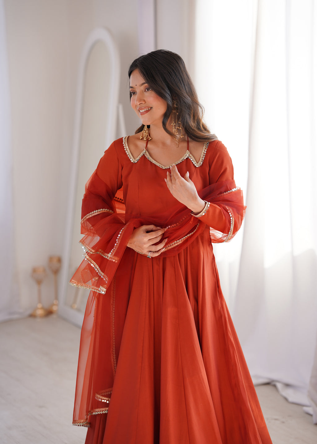 Royal Roman Silk Chanderi Flared Anarkali Suit Set | Ready to Wear 3-Piece