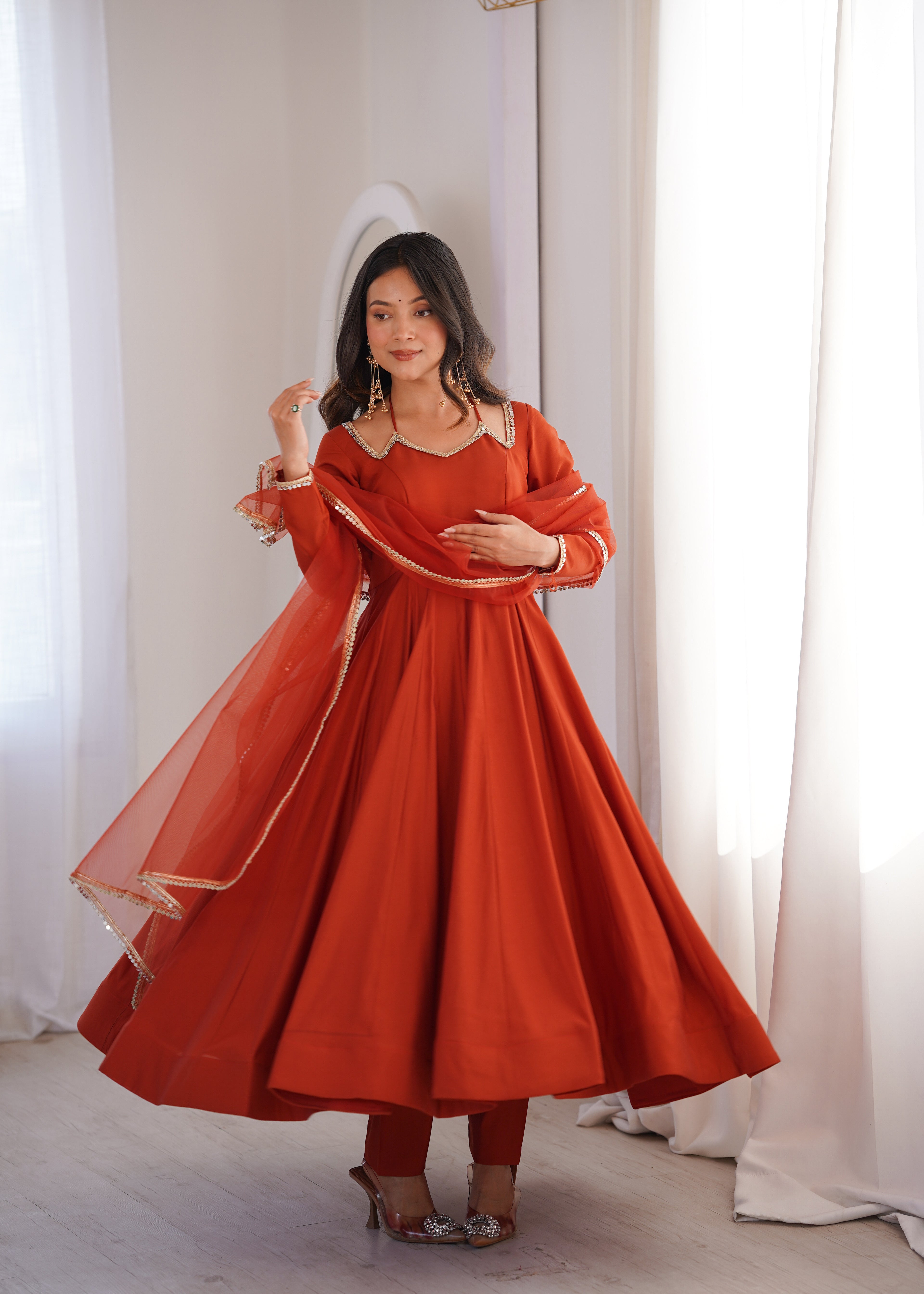 Royal Roman Silk Chanderi Flared Anarkali Suit Set | Ready to Wear 3-Piece