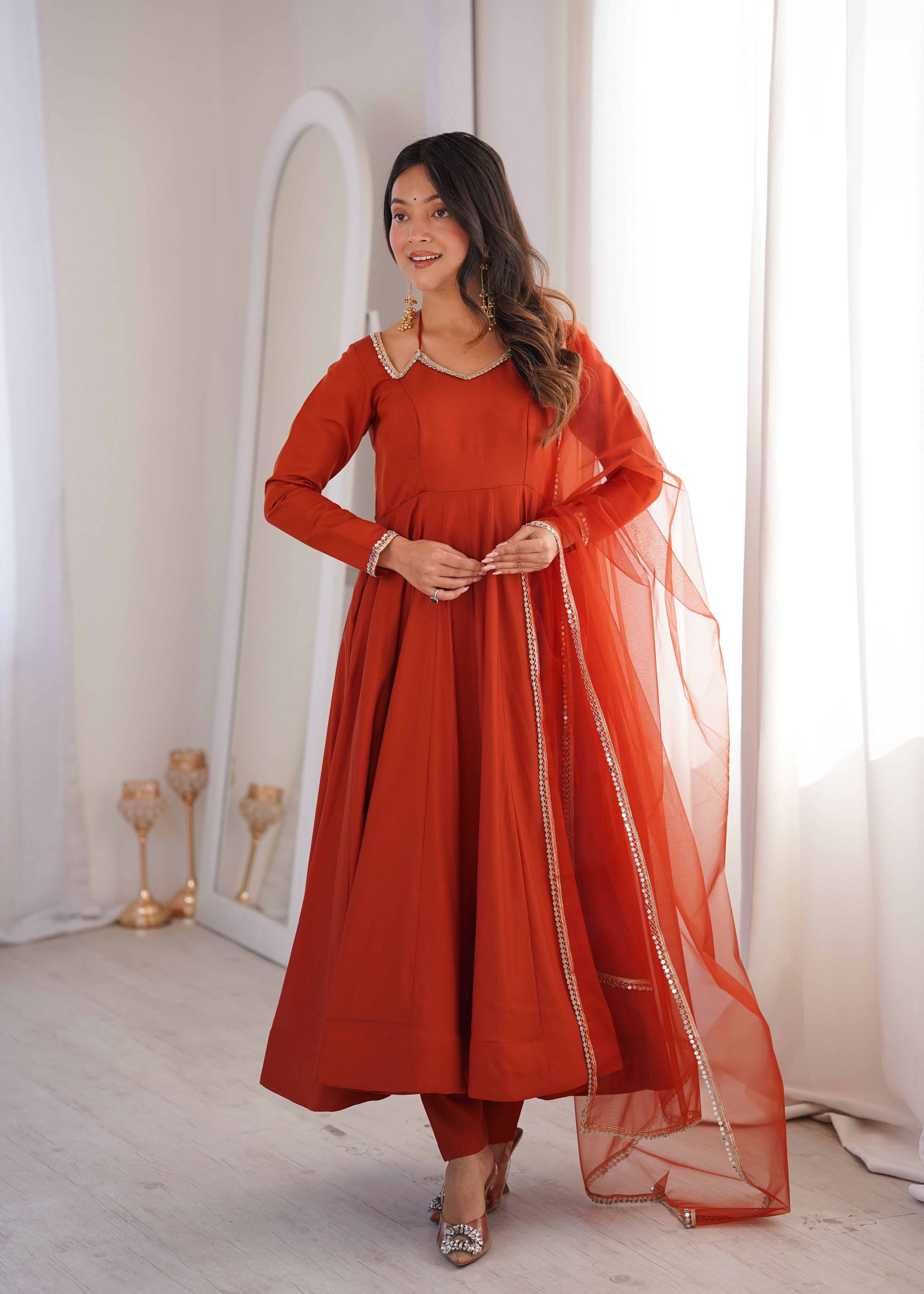 Royal Roman Silk Chanderi Flared Anarkali Suit Set | Ready to Wear 3-Piece