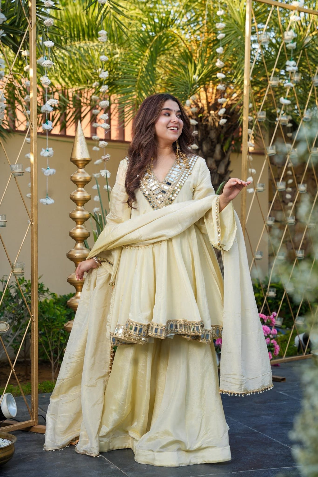 Luxurious Off-White Mirror Work Kurti & Palazzo Set with Dupatta