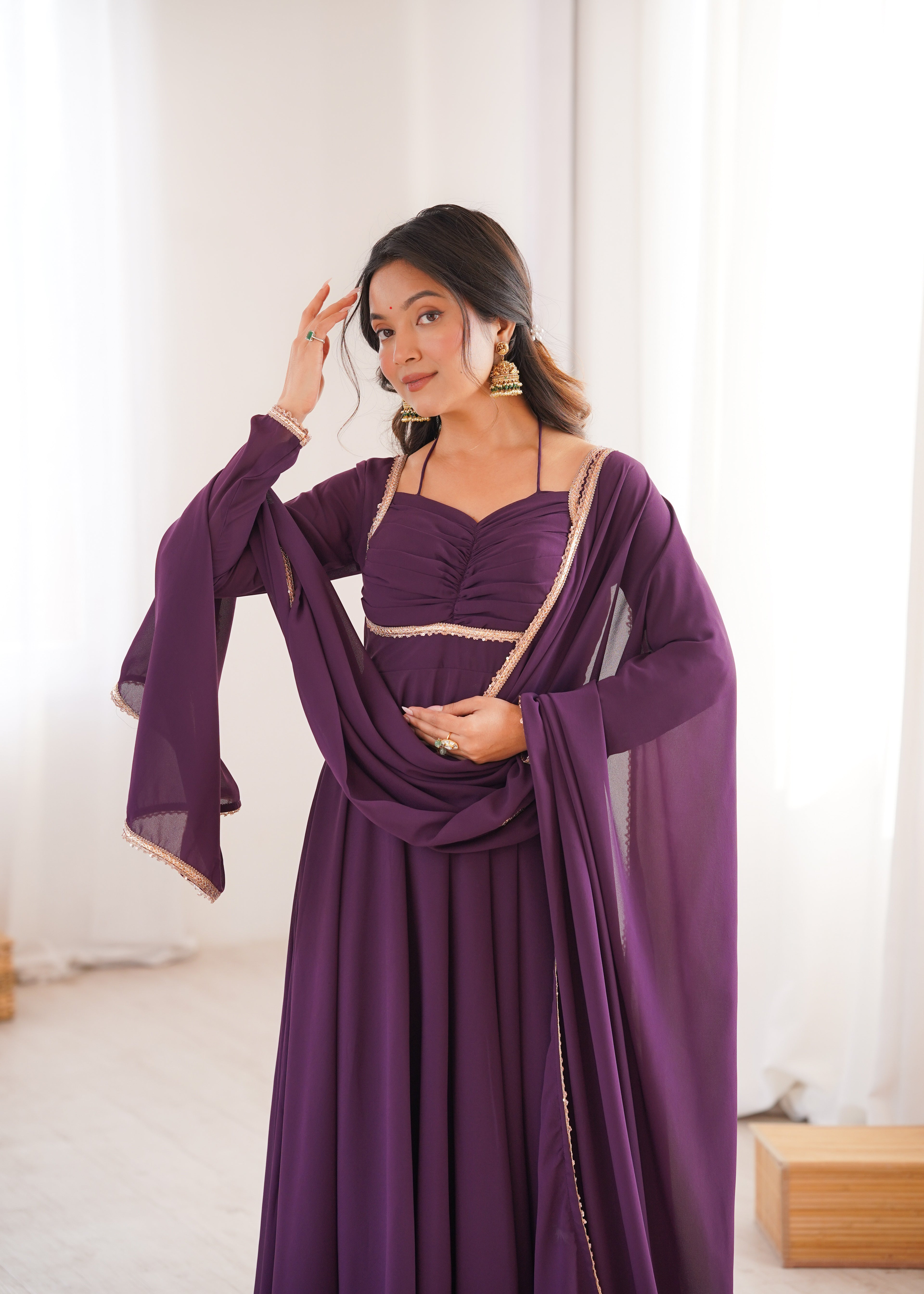 Royal Purple 7M Flared Georgette Anarkali Gown Set with Dupatta | Ready to Wear