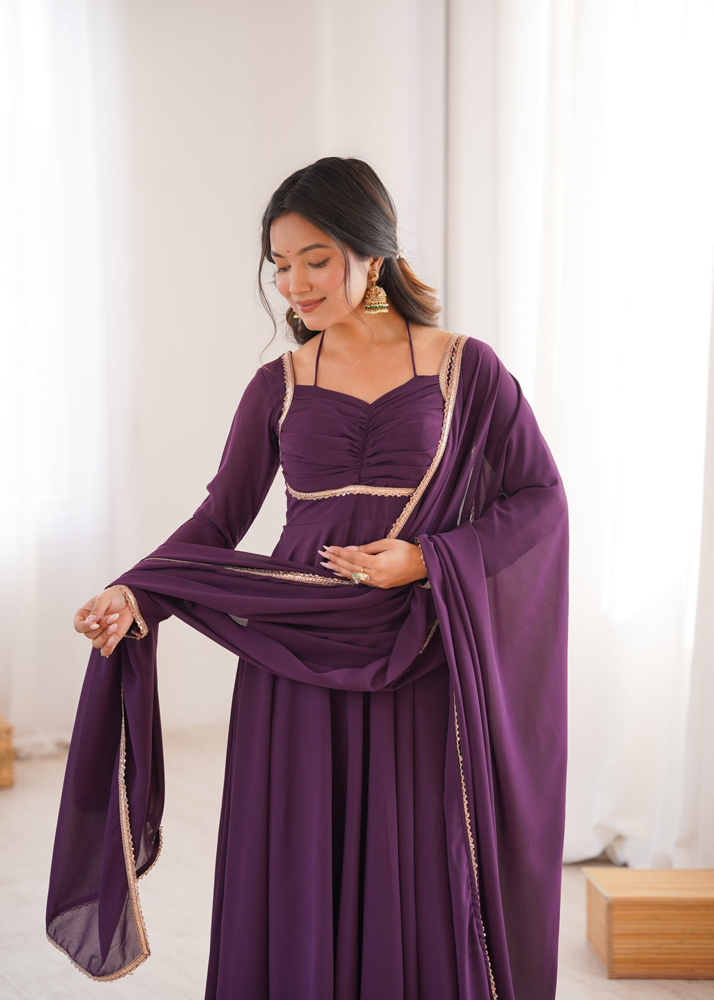 Royal Purple 7M Flared Georgette Anarkali Gown Set with Dupatta | Ready to Wear