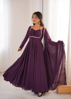Royal Purple 7M Flared Georgette Anarkali Gown Set with Dupatta | Ready to Wear