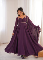 Royal Purple 7M Flared Georgette Anarkali Gown Set with Dupatta | Ready to Wear