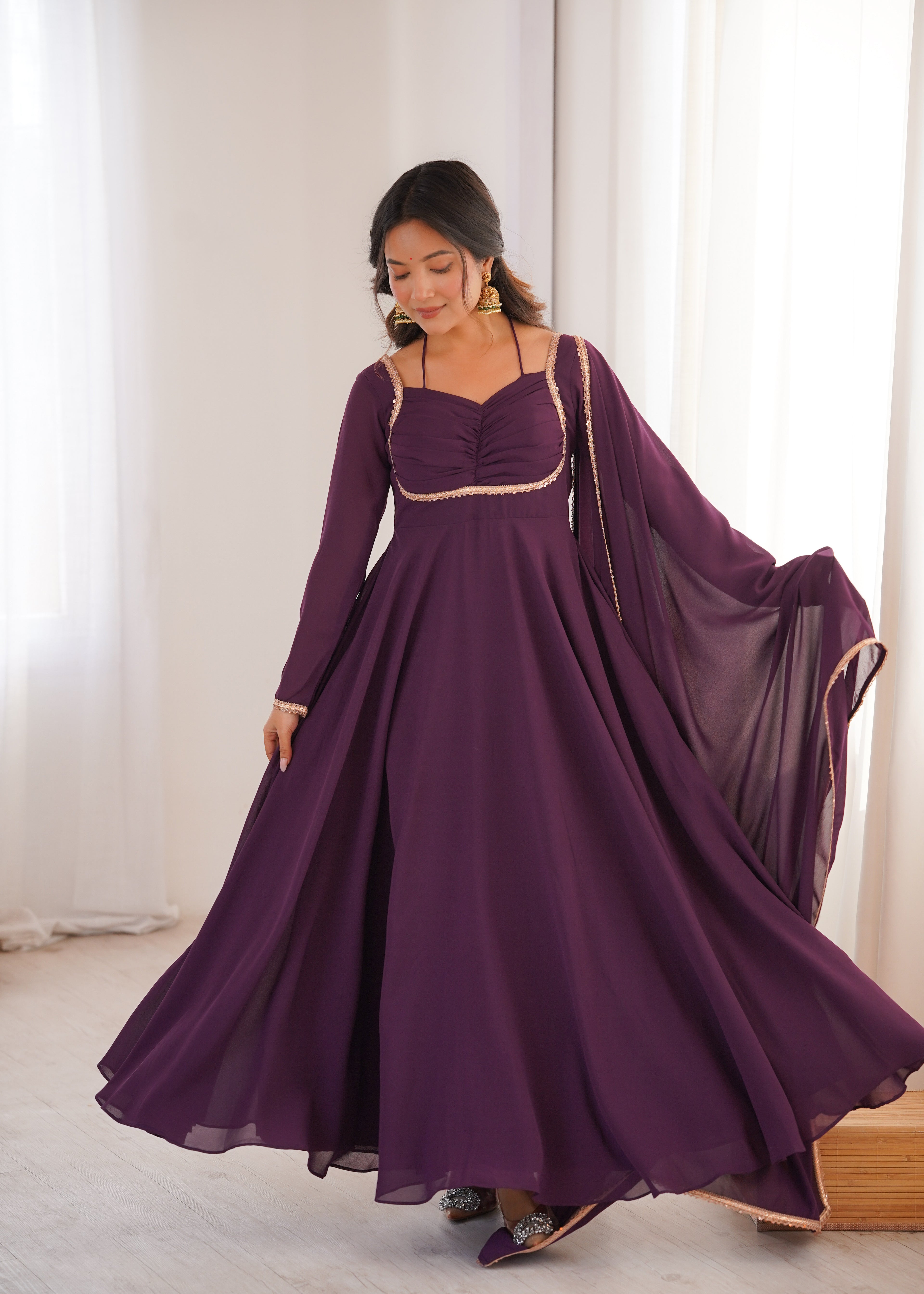 Royal Purple 7M Flared Georgette Anarkali Gown Set with Dupatta | Ready to Wear