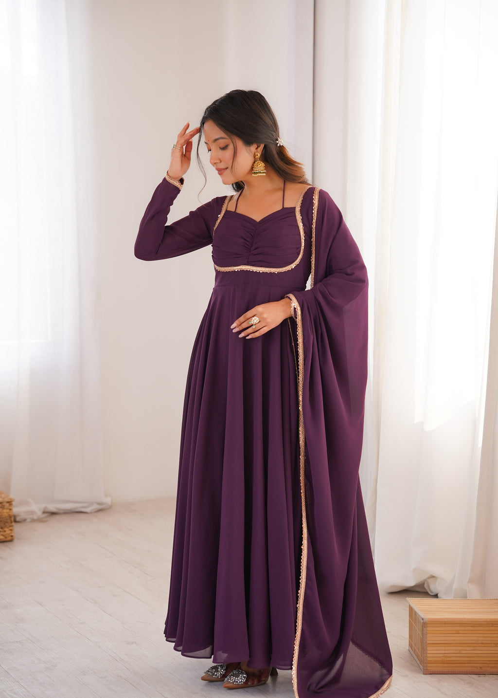 Royal Purple 7M Flared Georgette Anarkali Gown Set with Dupatta | Ready to Wear