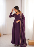 Royal Purple 7M Flared Georgette Anarkali Gown Set with Dupatta | Ready to Wear