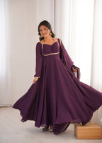 Royal Purple 7M Flared Georgette Anarkali Gown Set with Dupatta | Ready to Wear