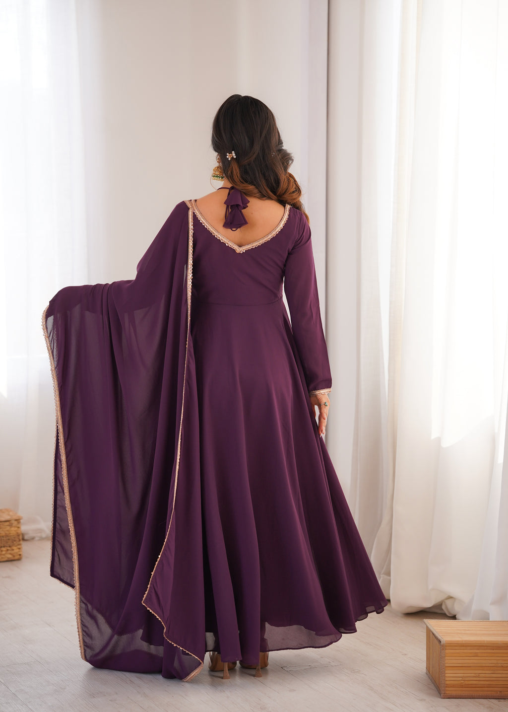 Royal Purple 7M Flared Georgette Anarkali Gown Set with Dupatta | Ready to Wear