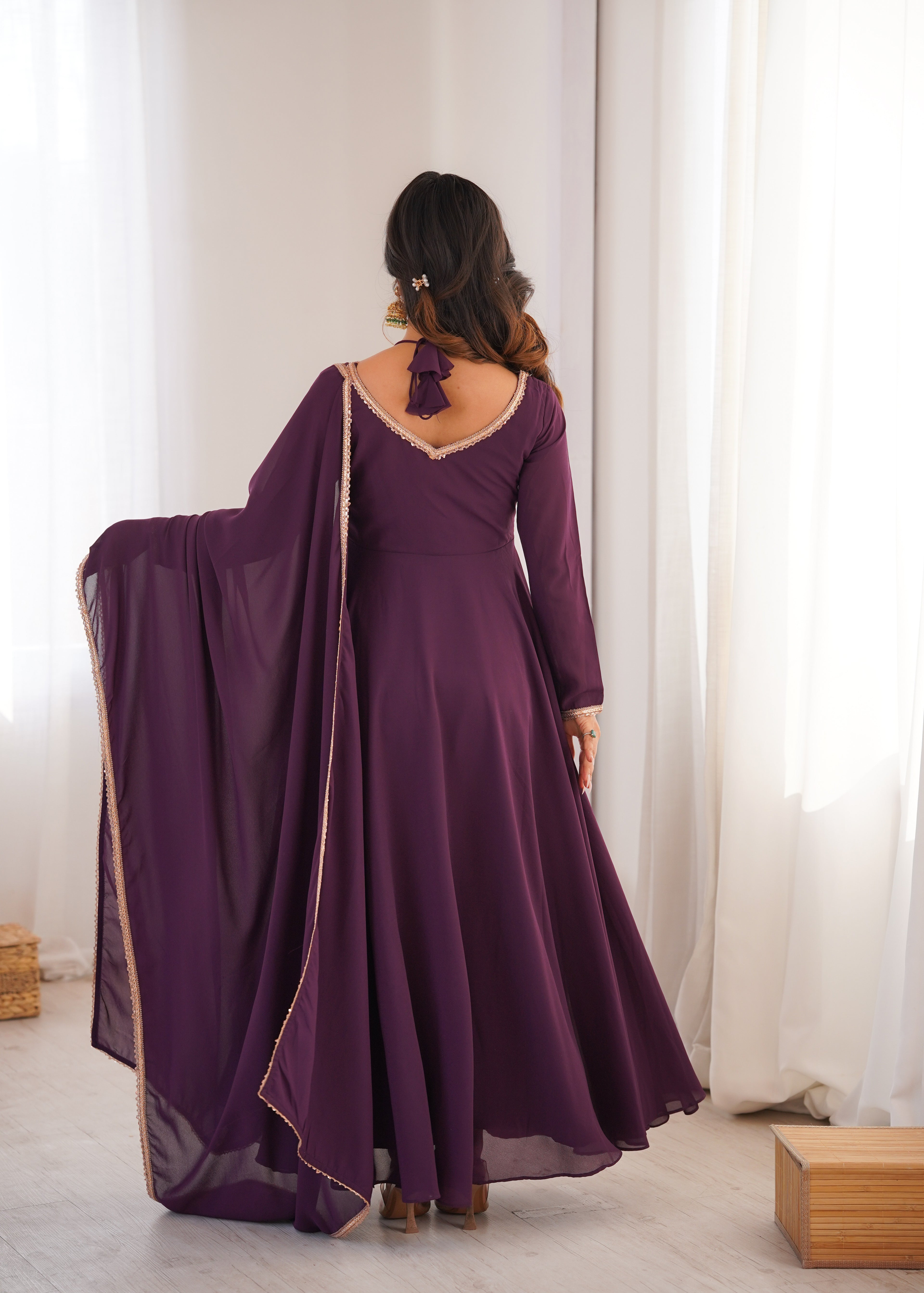 Royal Purple 7M Flared Georgette Anarkali Gown Set with Dupatta | Ready to Wear