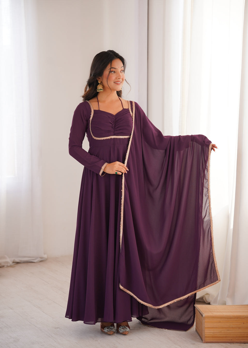 Royal Purple 7M Flared Georgette Anarkali Gown Set with Dupatta | Ready to Wear