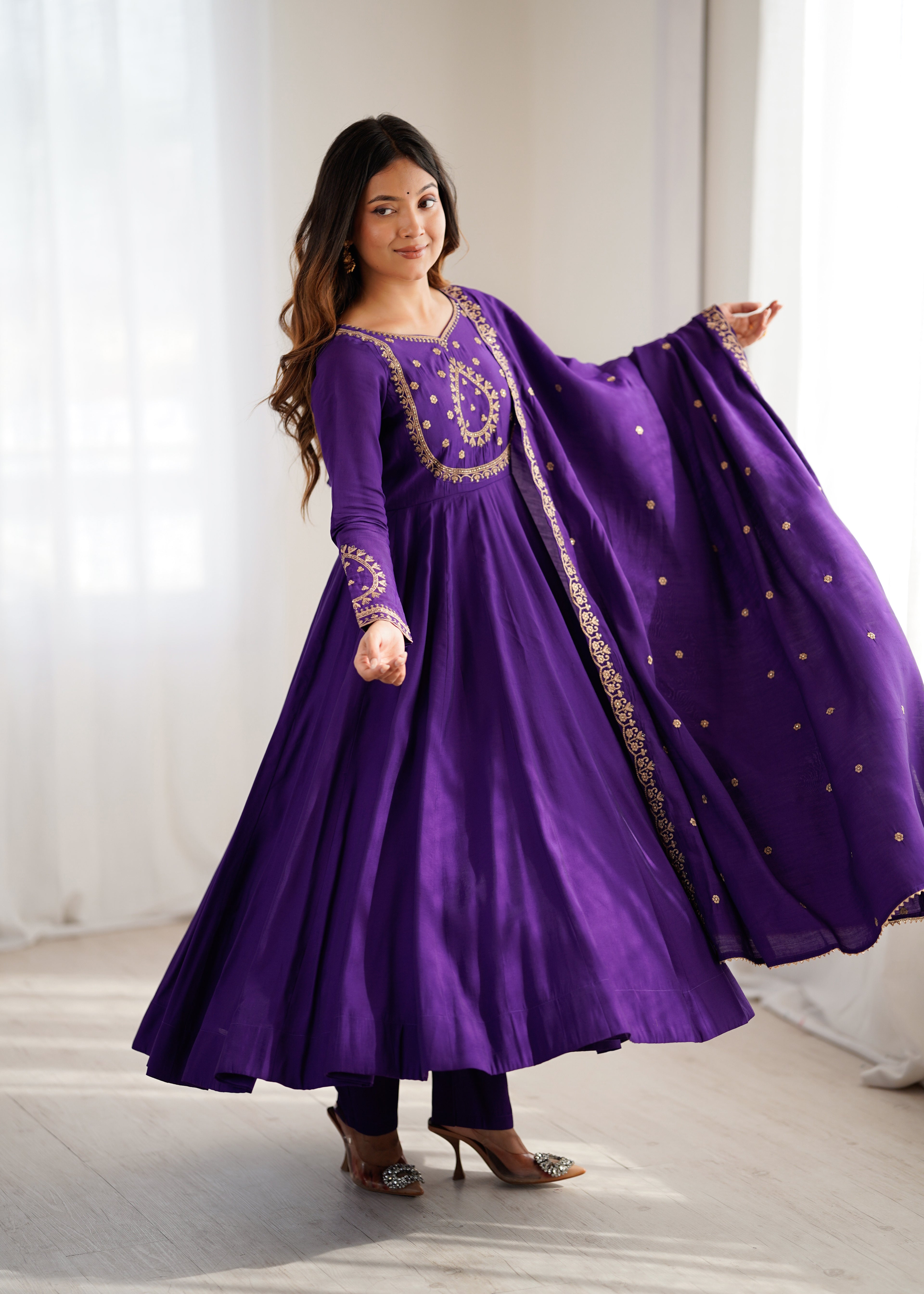 Regal Purple Roman Chanderi Silk 16-Kali Anarkali Gown & Dupatta Set