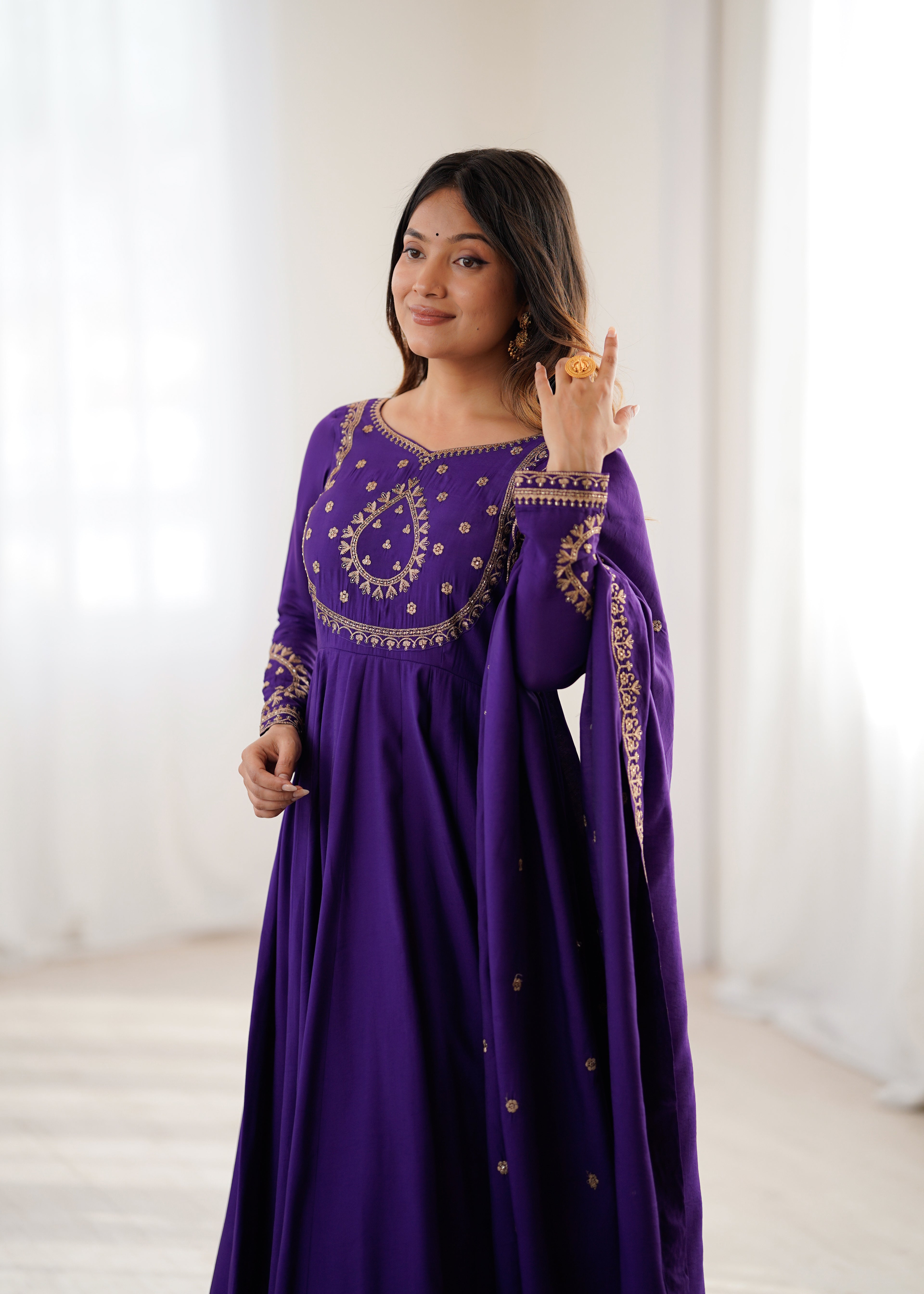 Regal Purple Roman Chanderi Silk 16-Kali Anarkali Gown & Dupatta Set