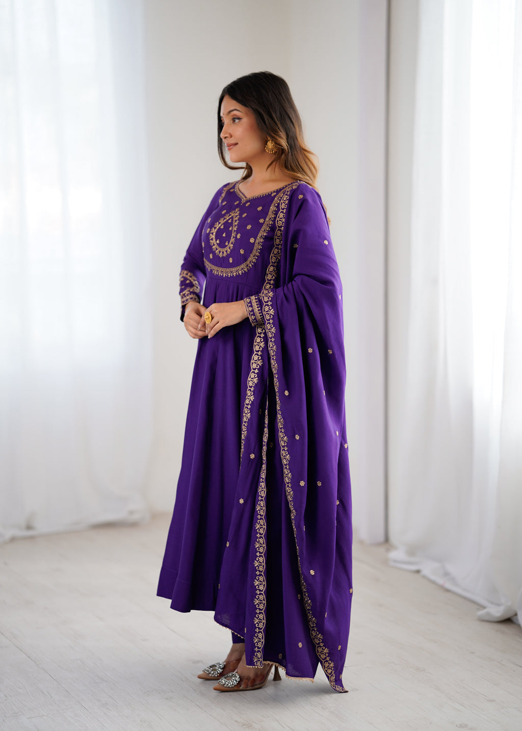 Regal Purple Roman Chanderi Silk 16-Kali Anarkali Gown & Dupatta Set