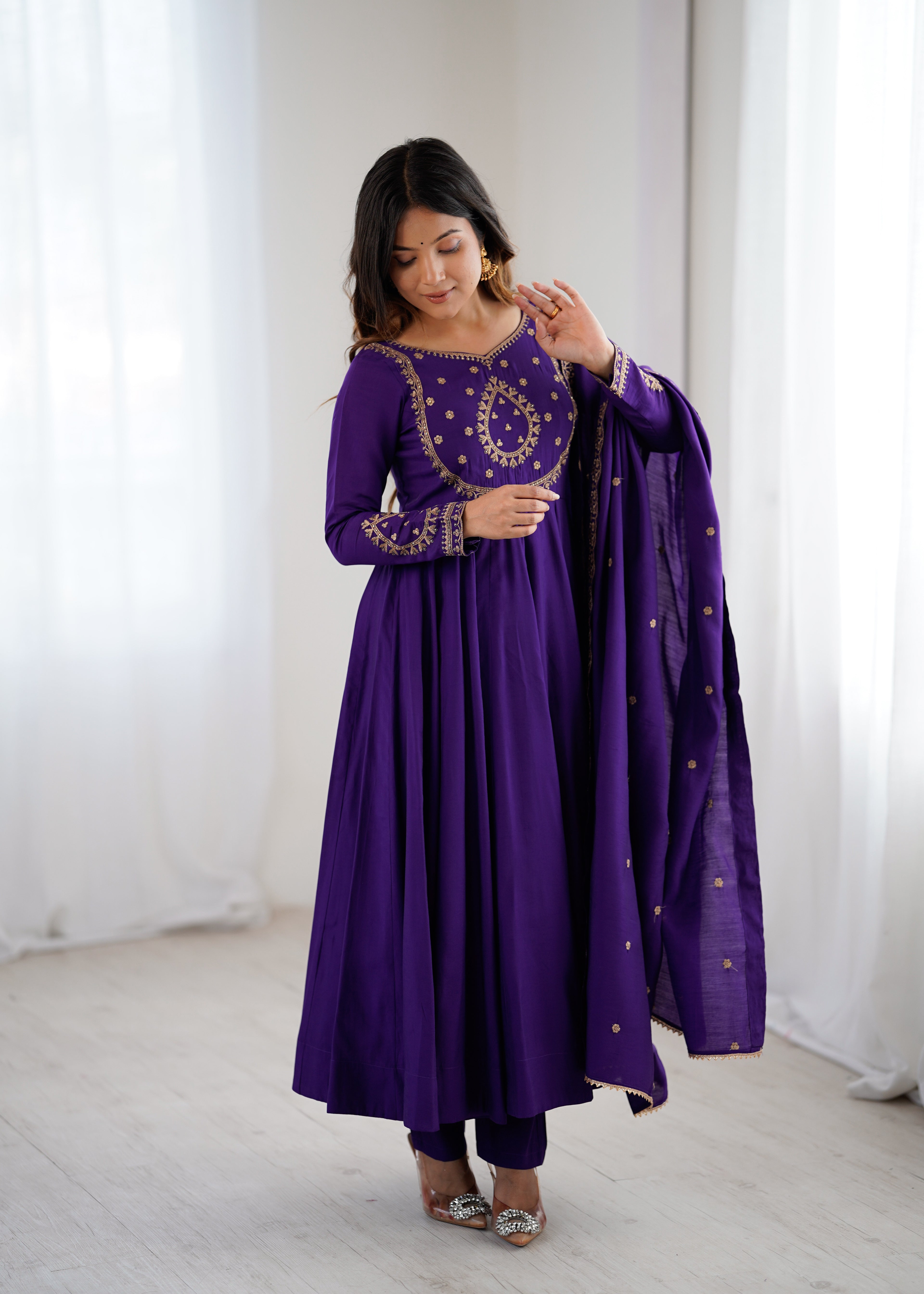 Regal Purple Roman Chanderi Silk 16-Kali Anarkali Gown & Dupatta Set