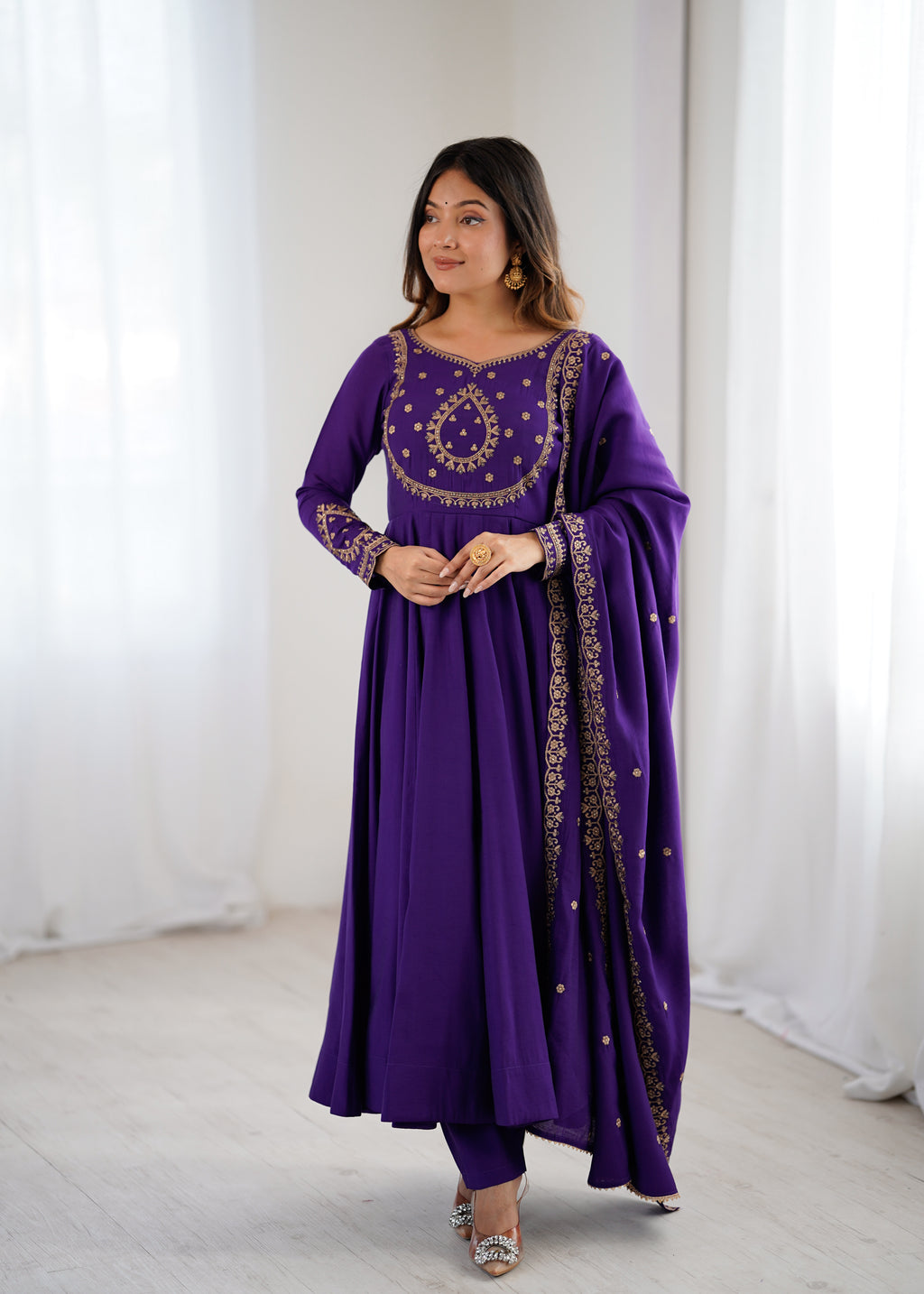 Regal Purple Roman Chanderi Silk 16-Kali Anarkali Gown & Dupatta Set