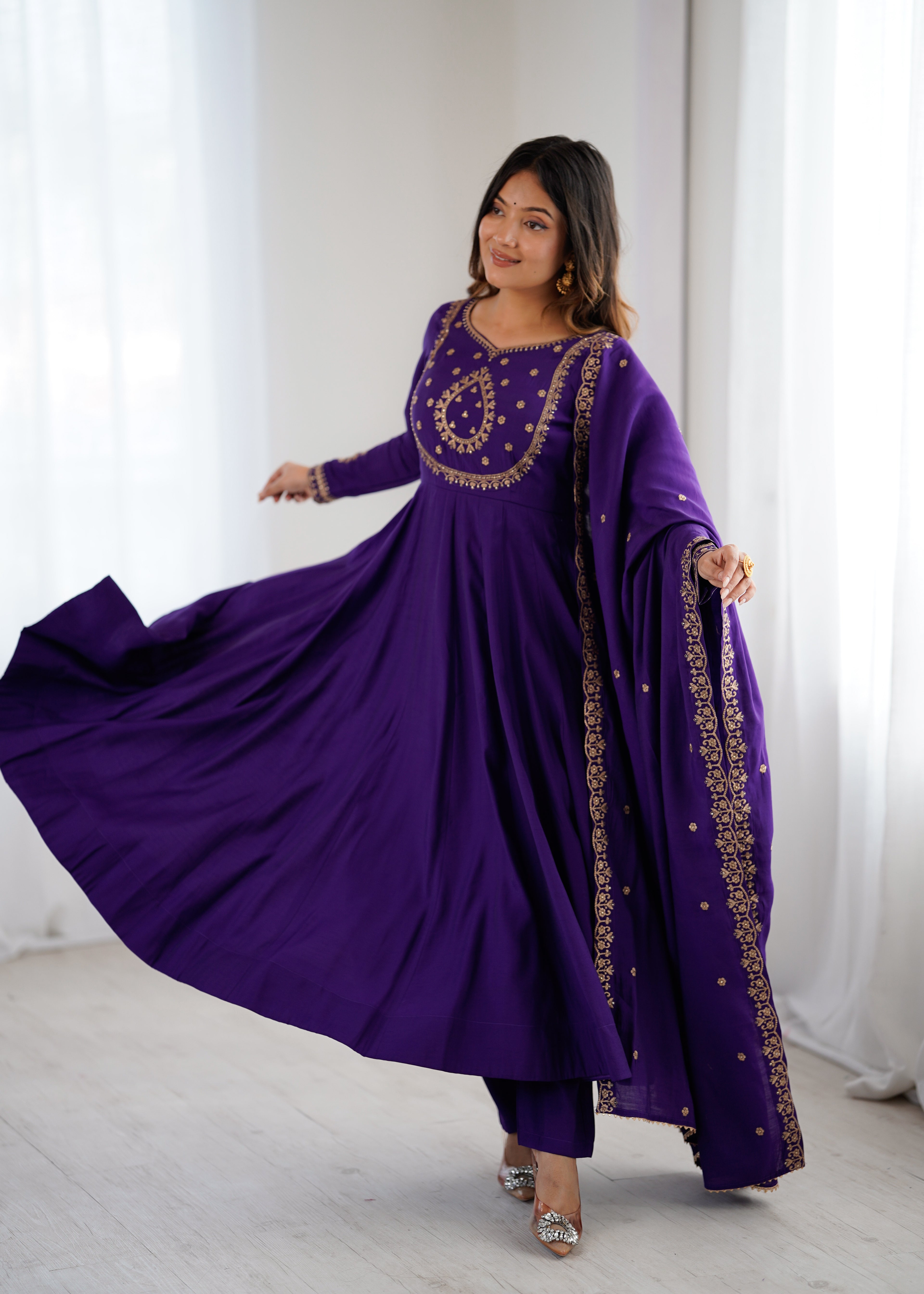 Regal Purple Roman Chanderi Silk 16-Kali Anarkali Gown & Dupatta Set