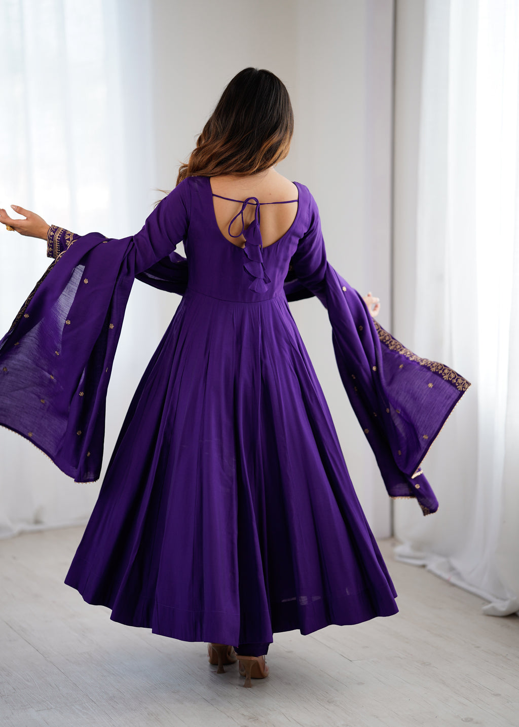 Regal Purple Roman Chanderi Silk 16-Kali Anarkali Gown & Dupatta Set