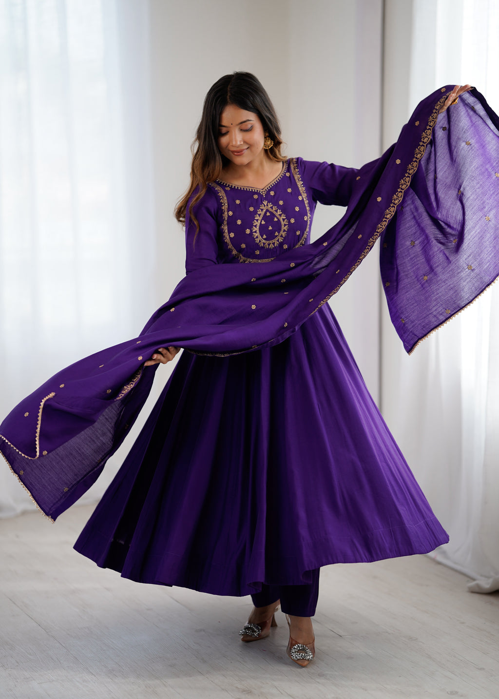 Regal Purple Roman Chanderi Silk 16-Kali Anarkali Gown & Dupatta Set