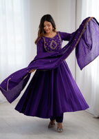 Regal Purple Roman Chanderi Silk 16-Kali Anarkali Gown & Dupatta Set
