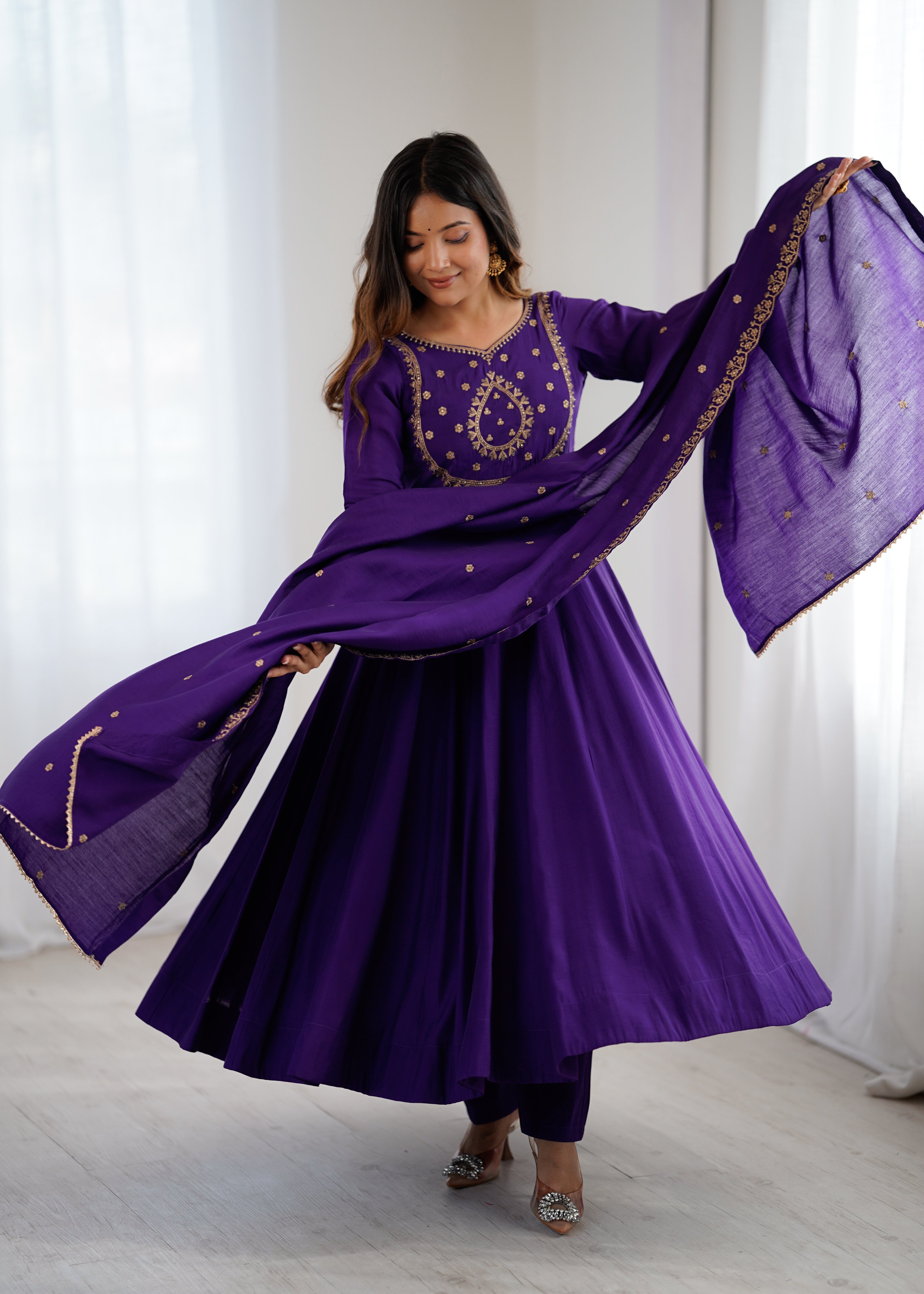 Regal Purple Roman Chanderi Silk 16-Kali Anarkali Gown & Dupatta Set
