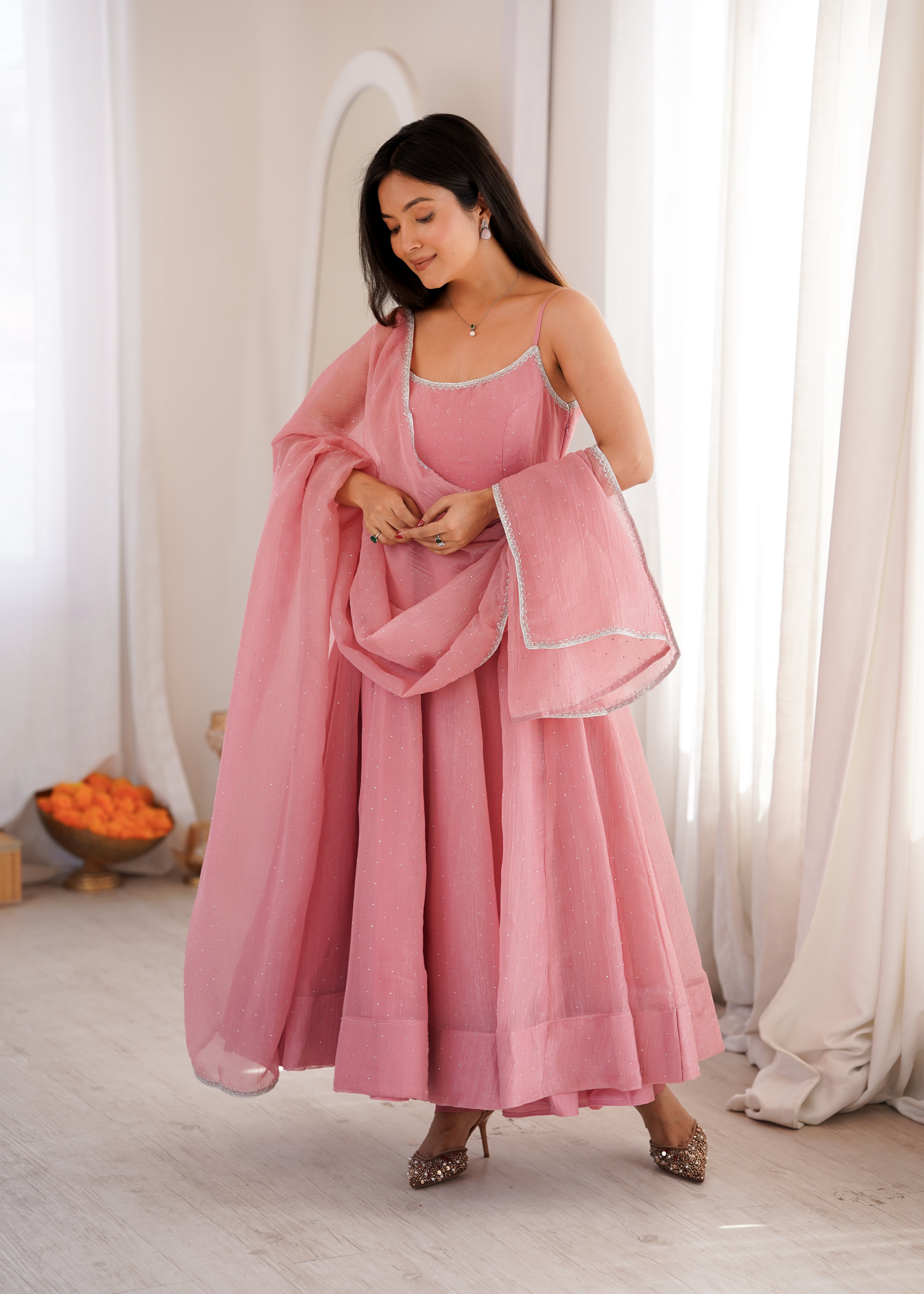 Women’s Pure Crunchy Silk Shimmer Anarkali Suit Set | Festive Wedding Wear