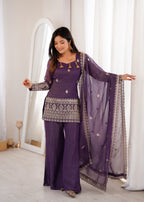 Embroidered Crunchy Silk Kurta and Bell Bottom Pant Set with Dupatta – Royal Purple