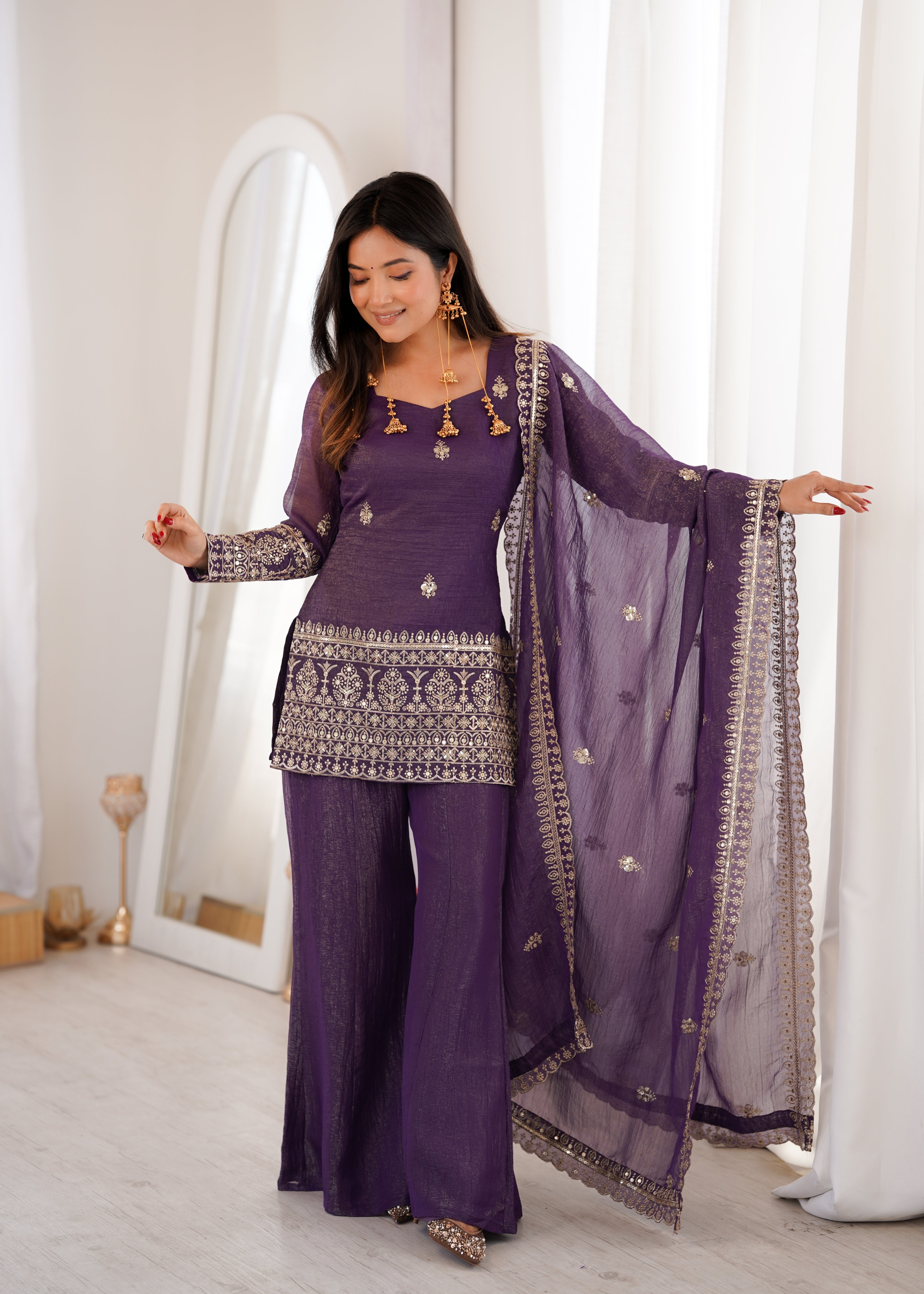 Embroidered Crunchy Silk Kurta and Bell Bottom Pant Set with Dupatta – Royal Purple