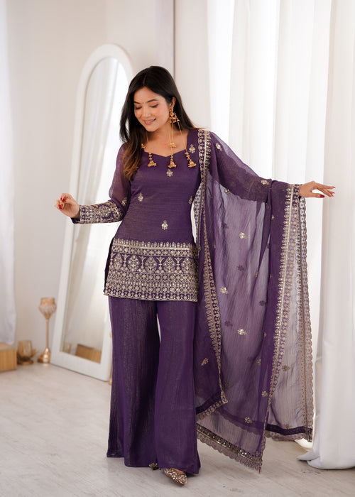 Embroidered Crunchy Silk Kurta and Bell Bottom Pant Set with Dupatta – Royal Purple