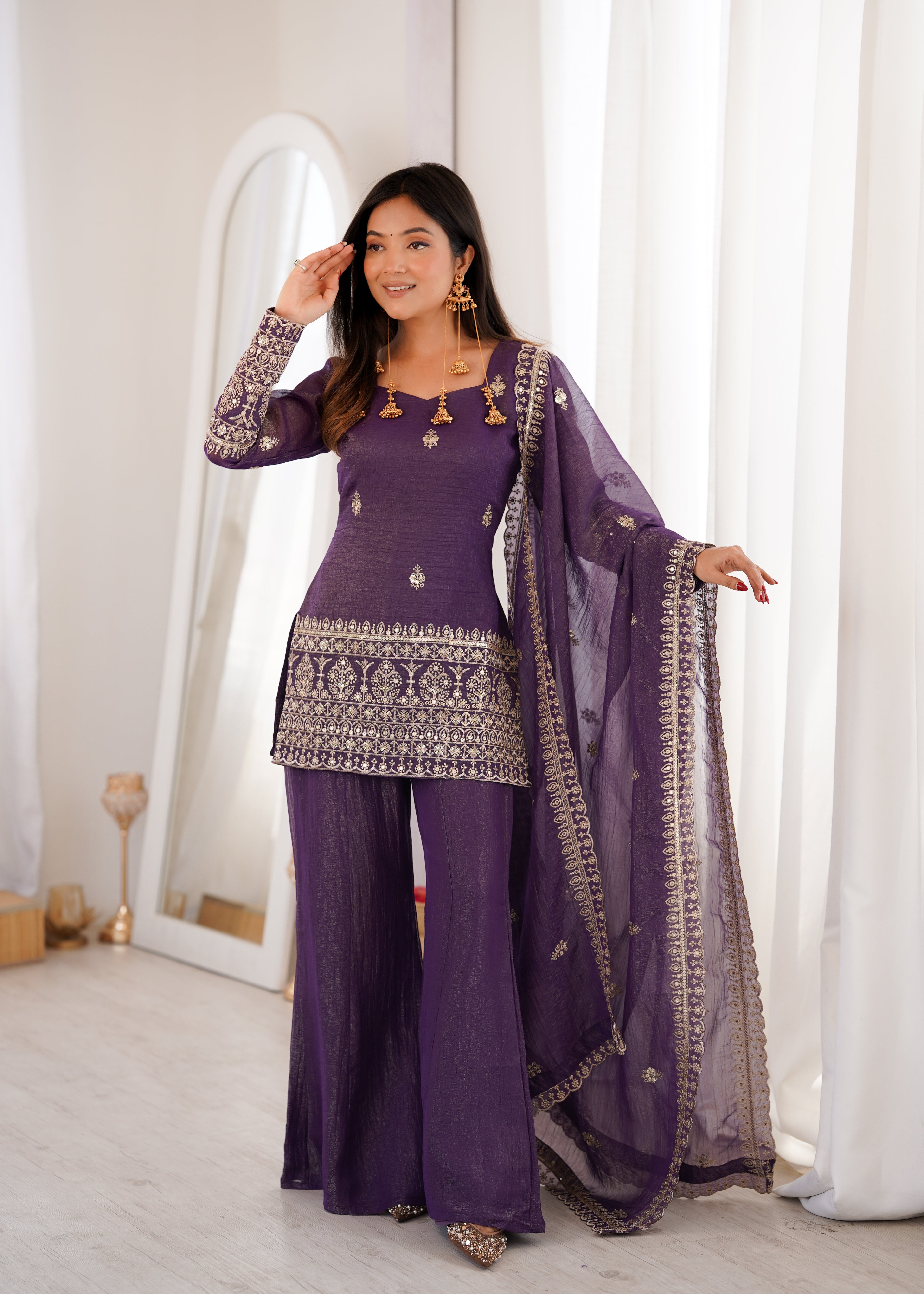 Embroidered Crunchy Silk Kurta and Bell Bottom Pant Set with Dupatta – Royal Purple