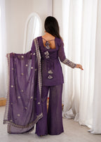 Embroidered Crunchy Silk Kurta and Bell Bottom Pant Set with Dupatta – Royal Purple