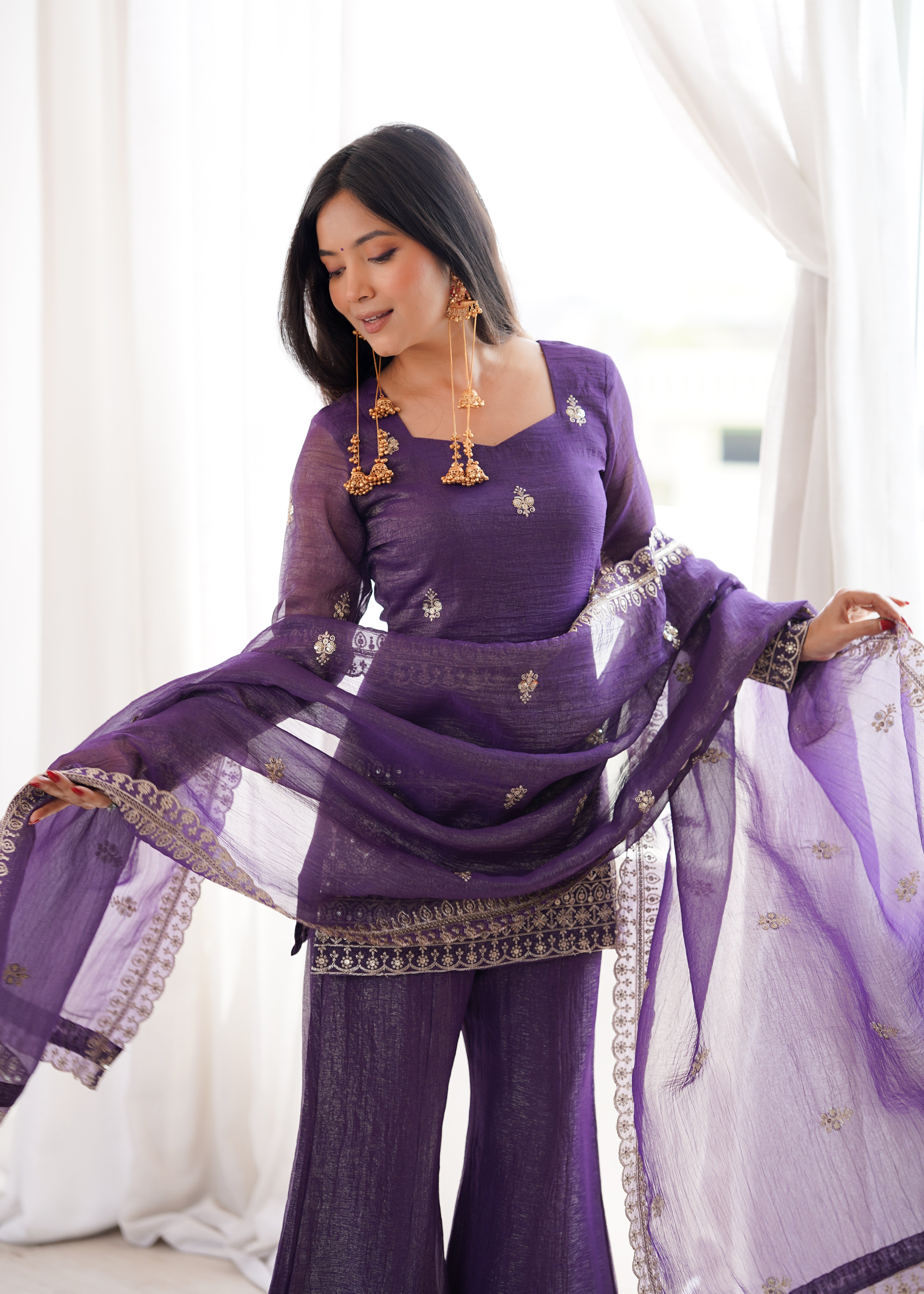 Embroidered Crunchy Silk Kurta and Bell Bottom Pant Set with Dupatta – Royal Purple