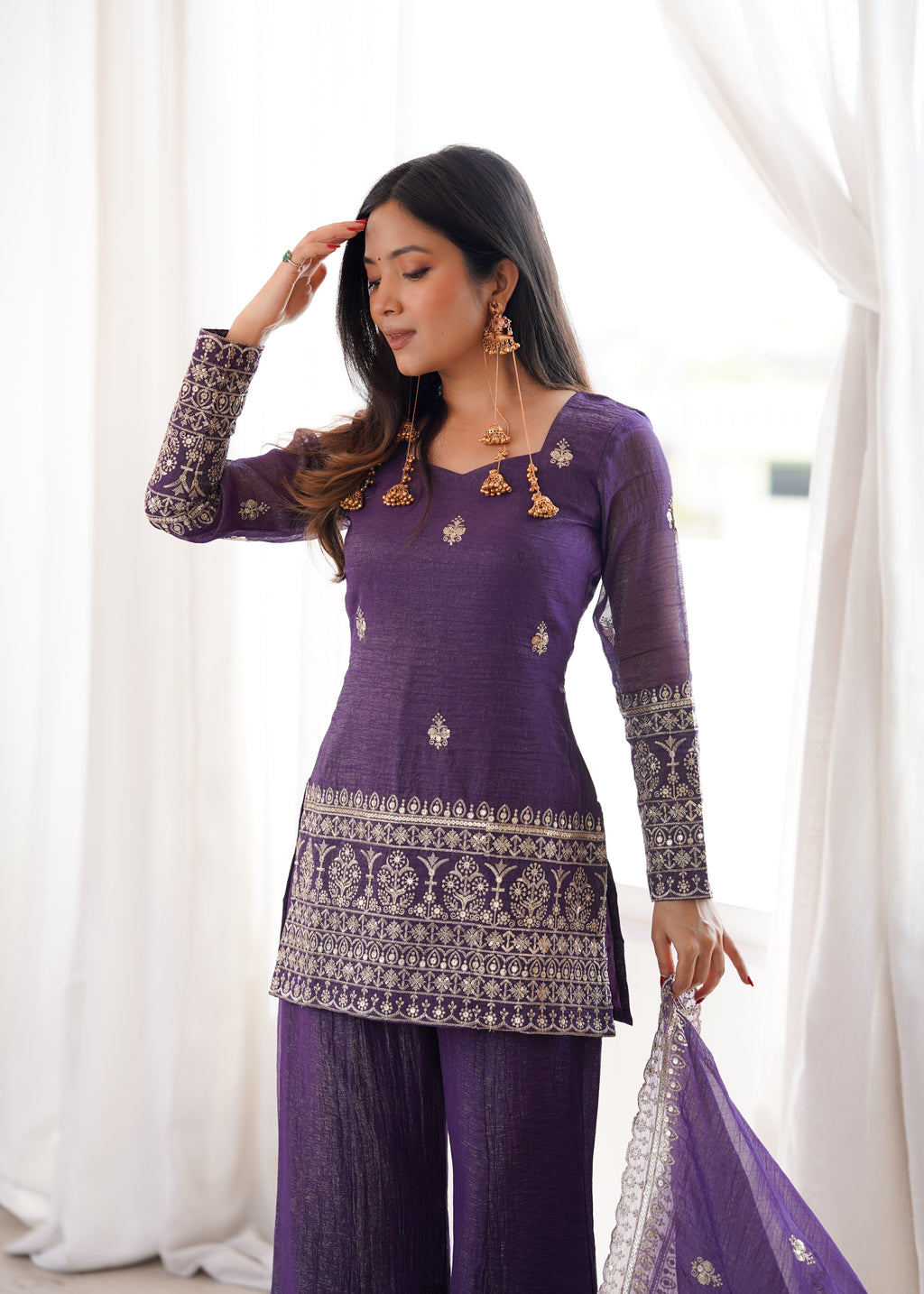 Embroidered Crunchy Silk Kurta and Bell Bottom Pant Set with Dupatta – Royal Purple