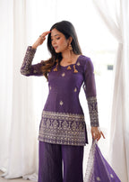Embroidered Crunchy Silk Kurta and Bell Bottom Pant Set with Dupatta – Royal Purple