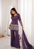 Embroidered Crunchy Silk Kurta and Bell Bottom Pant Set with Dupatta – Royal Purple