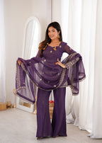 Embroidered Crunchy Silk Kurta and Bell Bottom Pant Set with Dupatta – Royal Purple