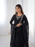 Midnight Noir 6.5M Flared Georgette Anarkali Gown with Pant & Embroidered Dupatta